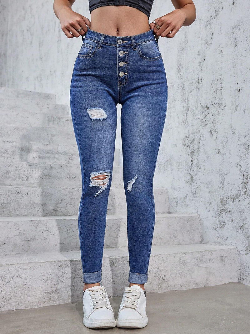 Jeans casuales ajustados para mujer con mosca de botones y parte frontal desgastada