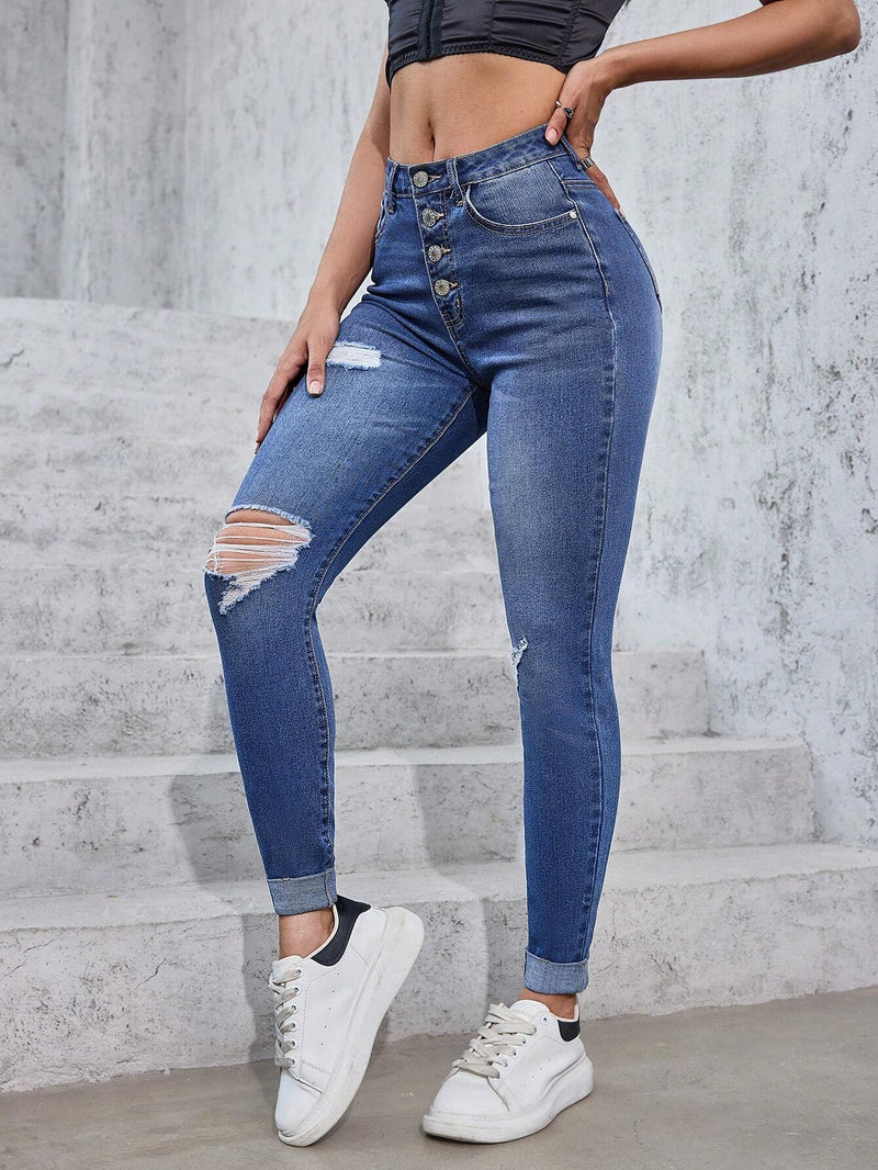 Jeans casuales ajustados para mujer con mosca de botones y parte frontal desgastada