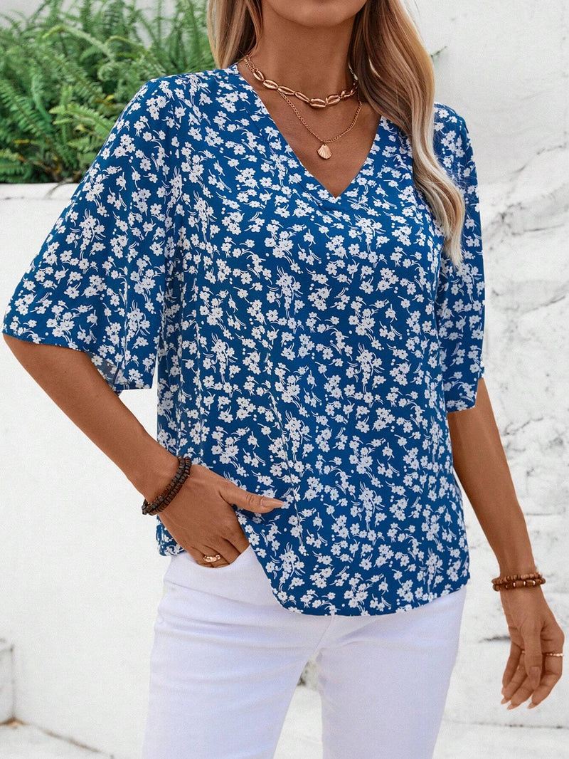 EMERY ROSE Blusa floja de vacaciones de mujer con estampado floral pequeno, cuello en V y mangas acampanadas