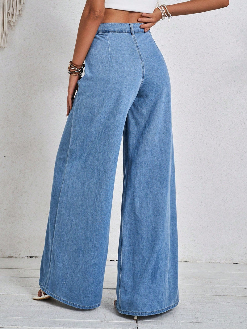 Tall Jeans de pierna ancha casuales para mujer para vacaciones, pantalones de mezclilla azul de ajuste casual