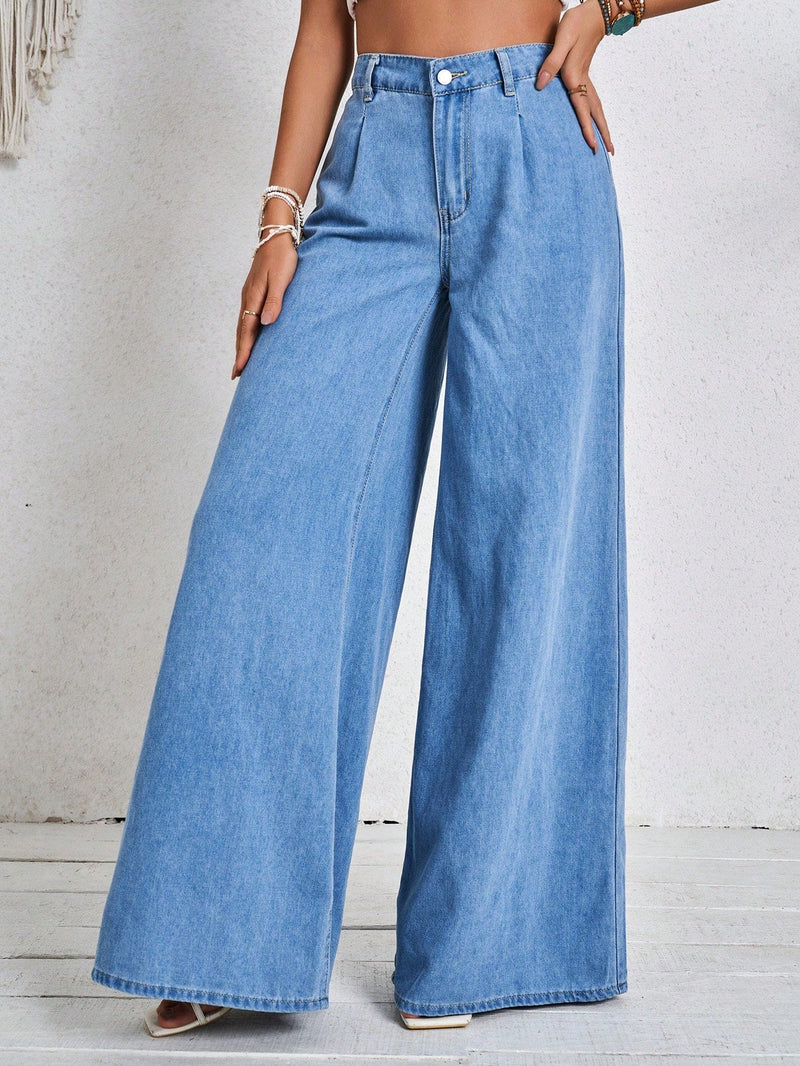 Tall Jeans de pierna ancha casuales para mujer para vacaciones, pantalones de mezclilla azul de ajuste casual