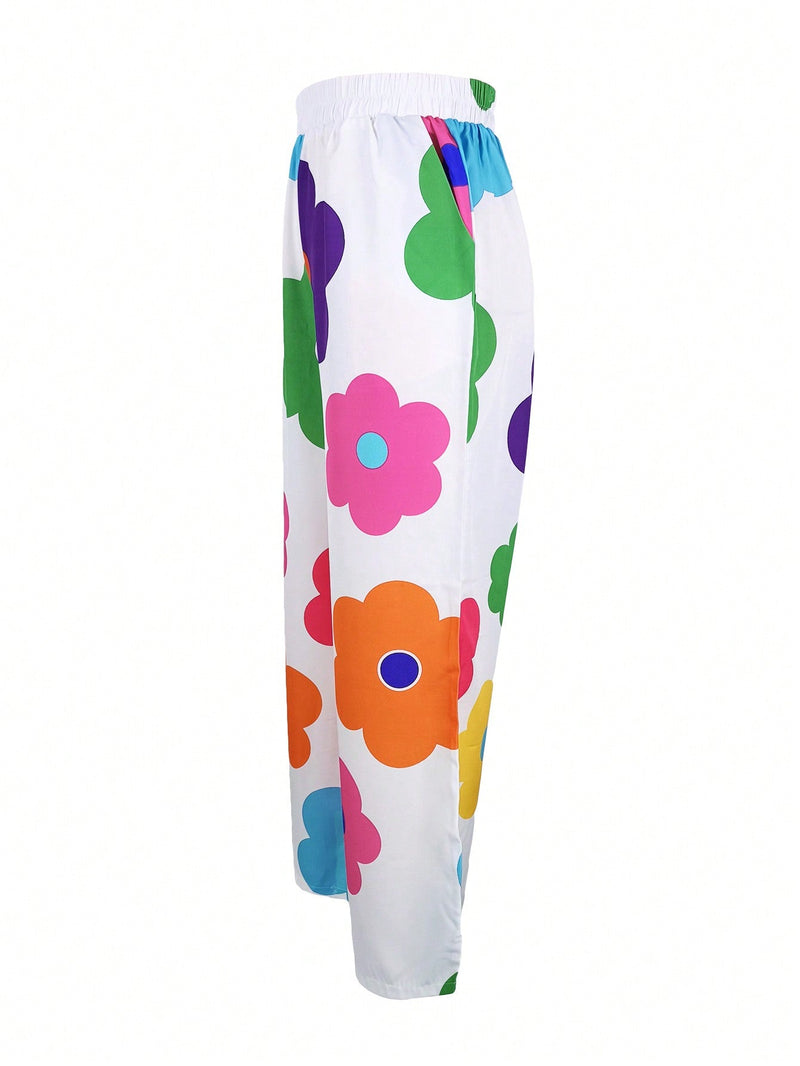 Pantalones largos casuales estilo floral impreso para mujeres (Impresion no posicional) para vacaciones