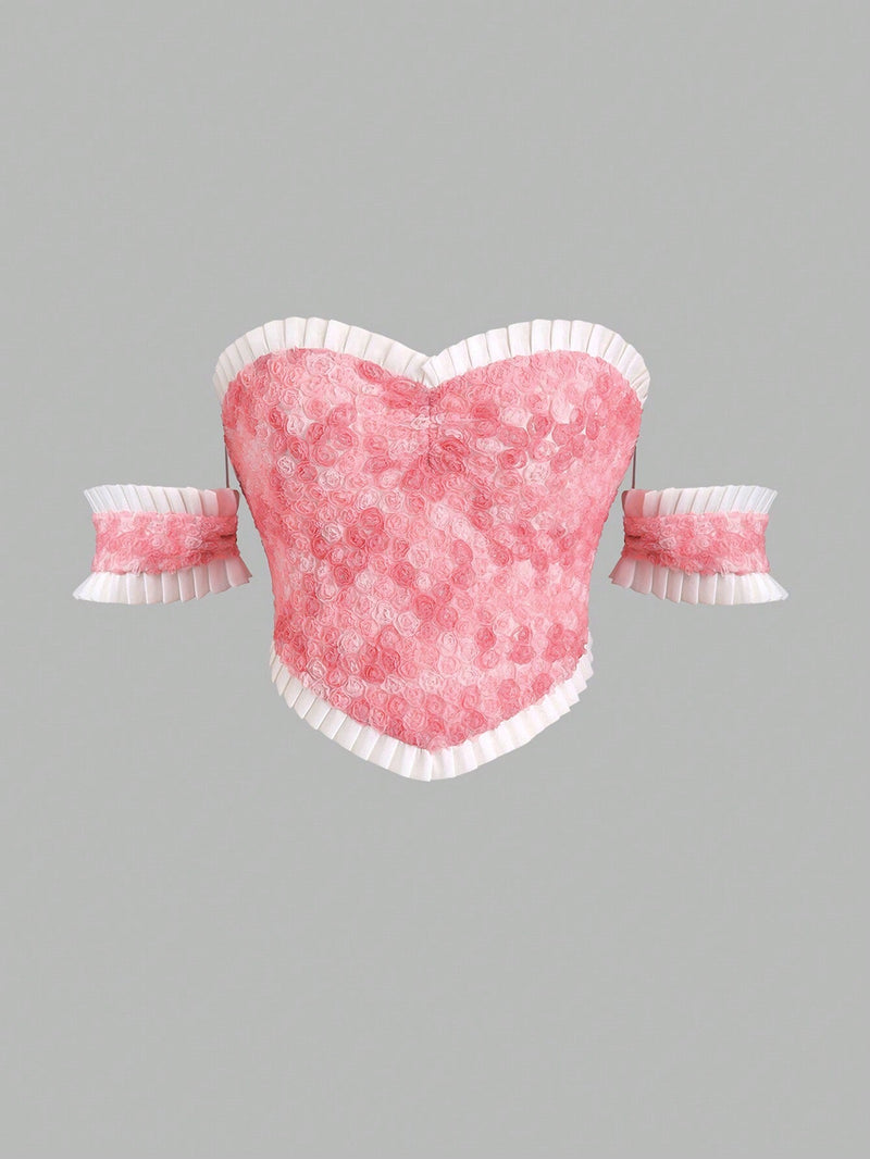 MOD Top en forma de corazon con pequenas rosas 3D para mujeres