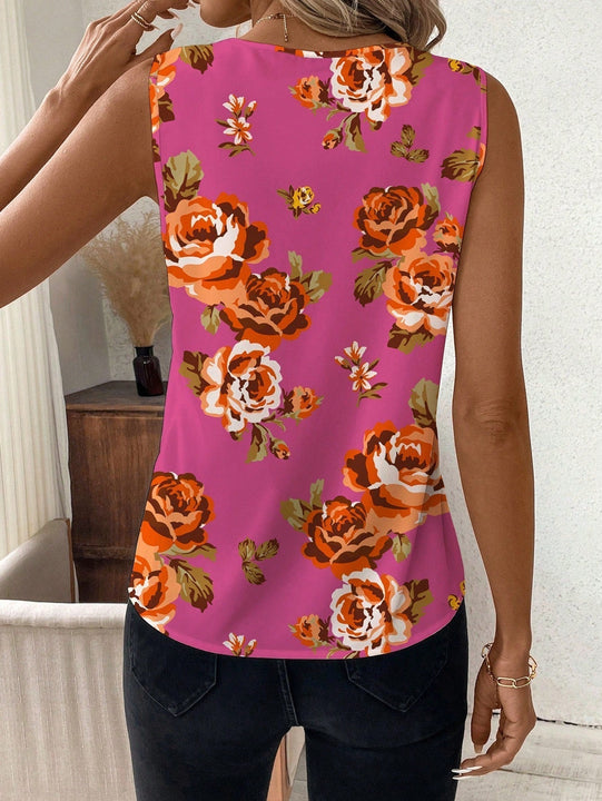 NEW  Clasi Camisa de mujer sin mangas con cuello en V y ajustada con flores de azahar naranja