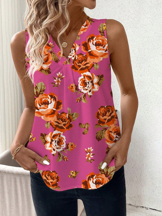 NEW  Clasi Camisa de mujer sin mangas con cuello en V y ajustada con flores de azahar naranja