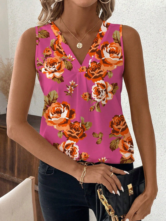 NEW  Clasi Camisa de mujer sin mangas con cuello en V y ajustada con flores de azahar naranja