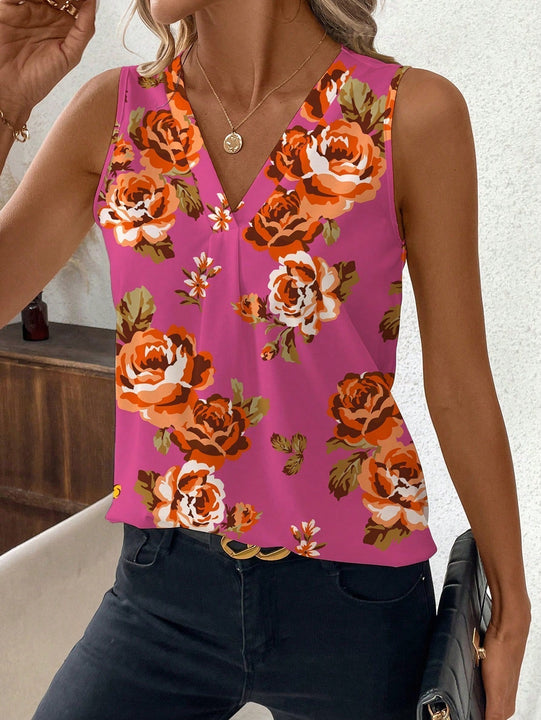 NEW  Clasi Camisa de mujer sin mangas con cuello en V y ajustada con flores de azahar naranja