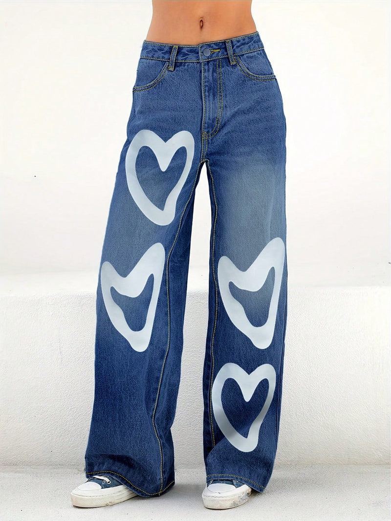 Pantalones Jeans para mujer de pierna recta y holgado con estampado de corazones