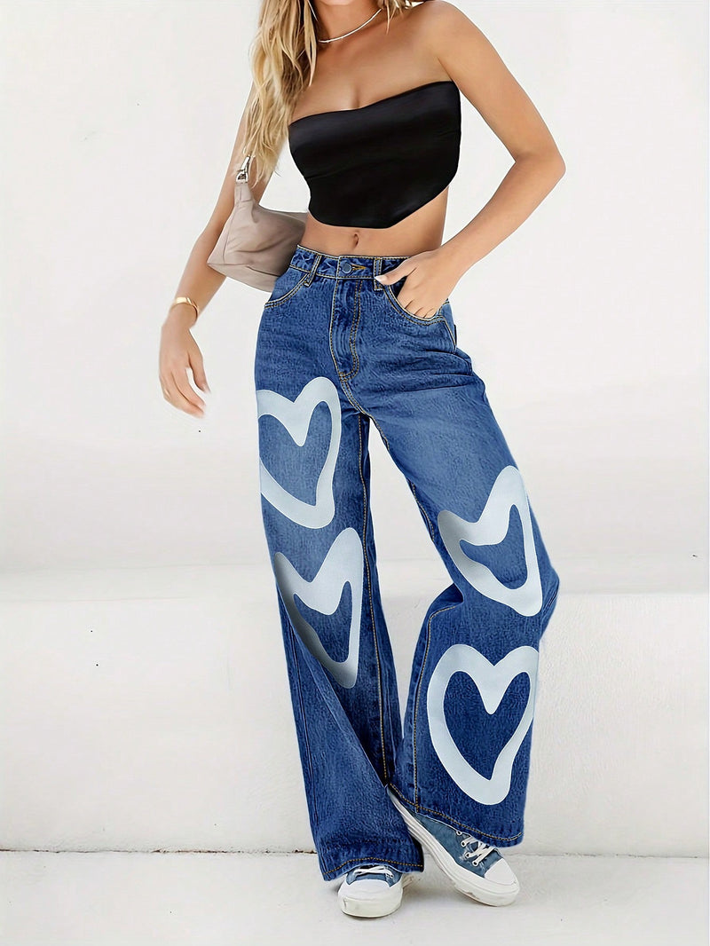 Pantalones Jeans para mujer de pierna recta y holgado con estampado de corazones