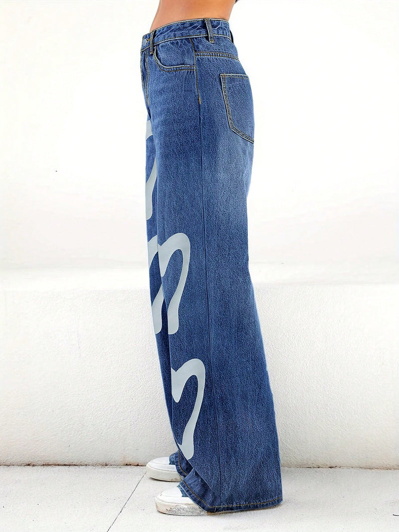 Pantalones Jeans para mujer de pierna recta y holgado con estampado de corazones