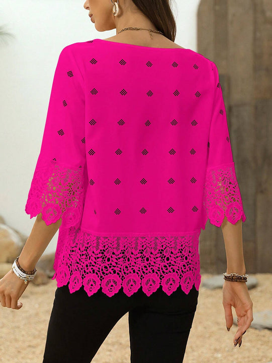 Blusa elegante de verano con encaje de patchwork y cuello redondo de unicolor