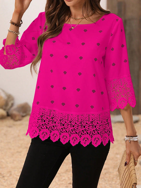 Blusa elegante de verano con encaje de patchwork y cuello redondo de unicolor