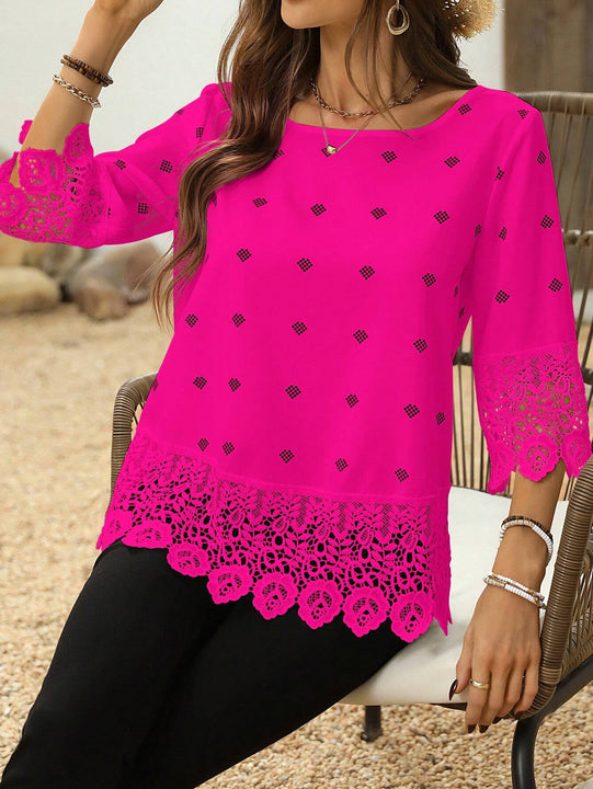Blusa elegante de verano con encaje de patchwork y cuello redondo de unicolor
