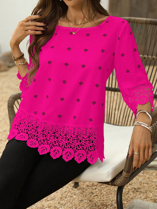 Blusa elegante de verano con encaje de patchwork y cuello redondo de unicolor