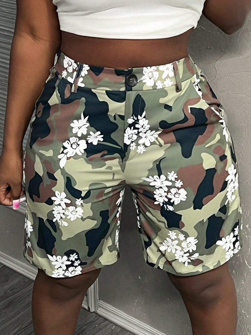 Slayr Pantalones cortos de camuflaje de cuarto de flores estampadas para mujer, casuales de verano para callejear