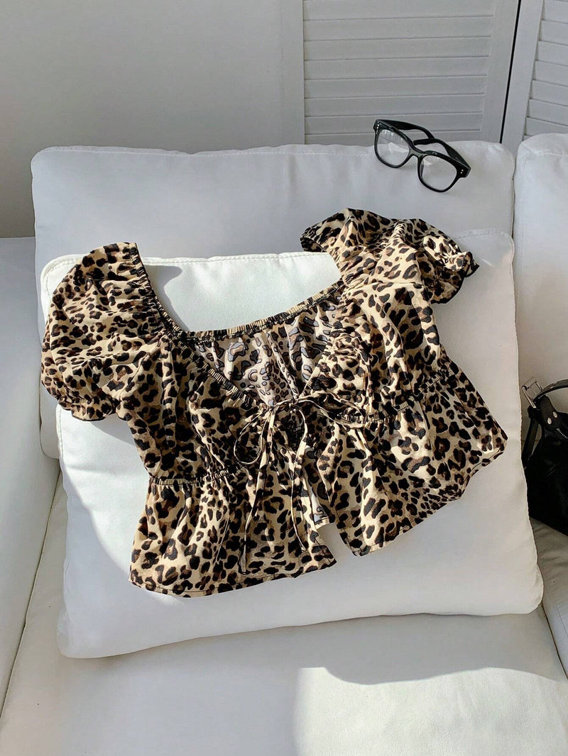 Comfortcana Camisa corta de manga abullonada con estampado de leopardo y moda de verano para mujer