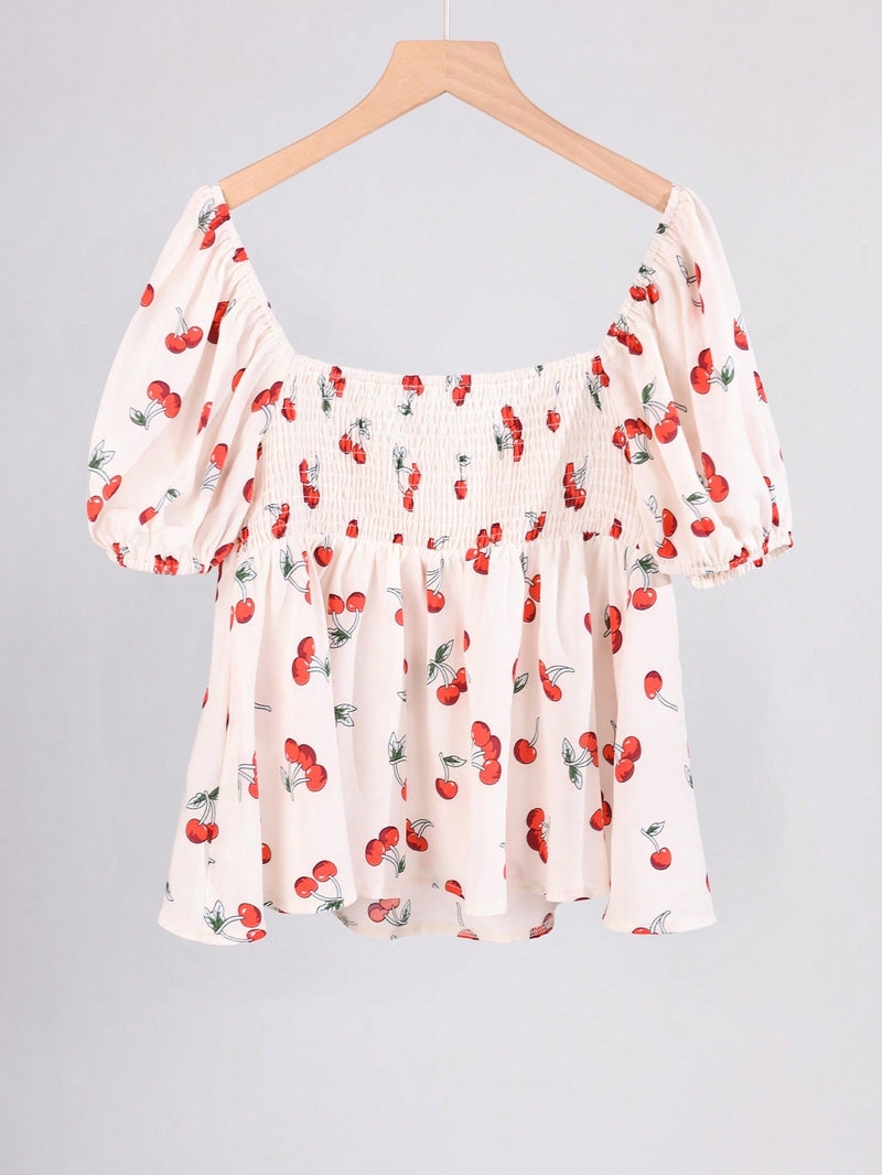 EZwear Blusa de manga abullonada con estampado de frutas y flores y cuello con volantes, primavera