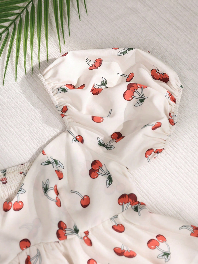 EZwear Blusa de manga abullonada con estampado de frutas y flores y cuello con volantes, primavera