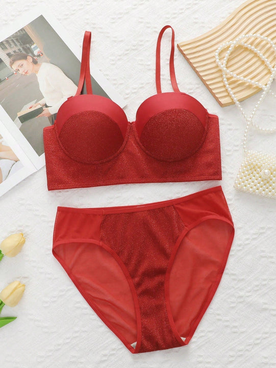 Conjunto de lenceria de punto con parches de lentejuelas estilo europeo y americano con copas no removibles, Tangas sexys de triangulo de cintura baja comodas