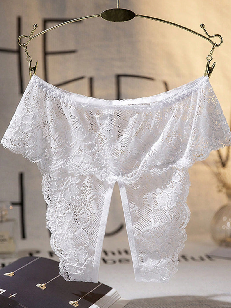 1 pieza Tanga blanca de encaje con entrepierna abierta para mujer, ropa interior sexy para mujeres, adecuada para uso en el hogar y en fiestas