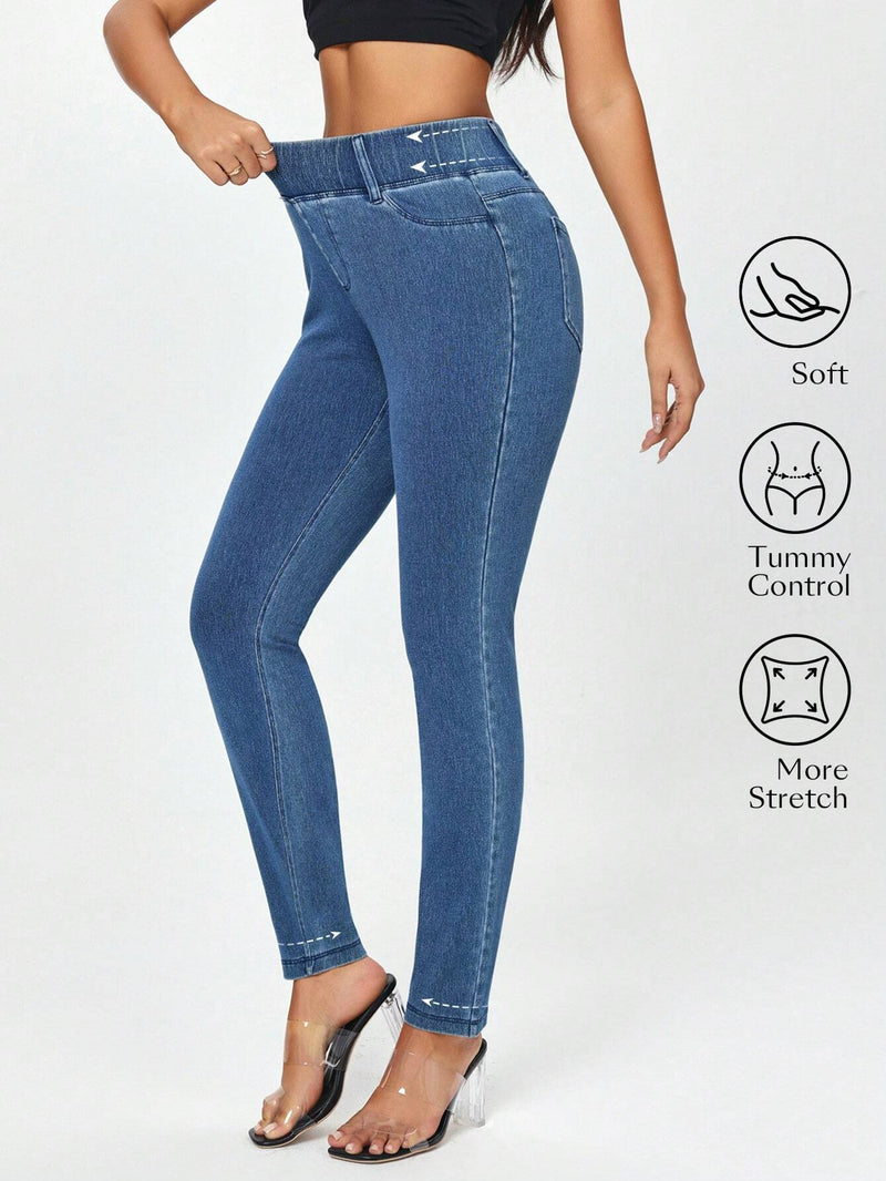 Jeans casuales de mujer de ajuste cenido y unicolor con alta elasticidad y bolsillos