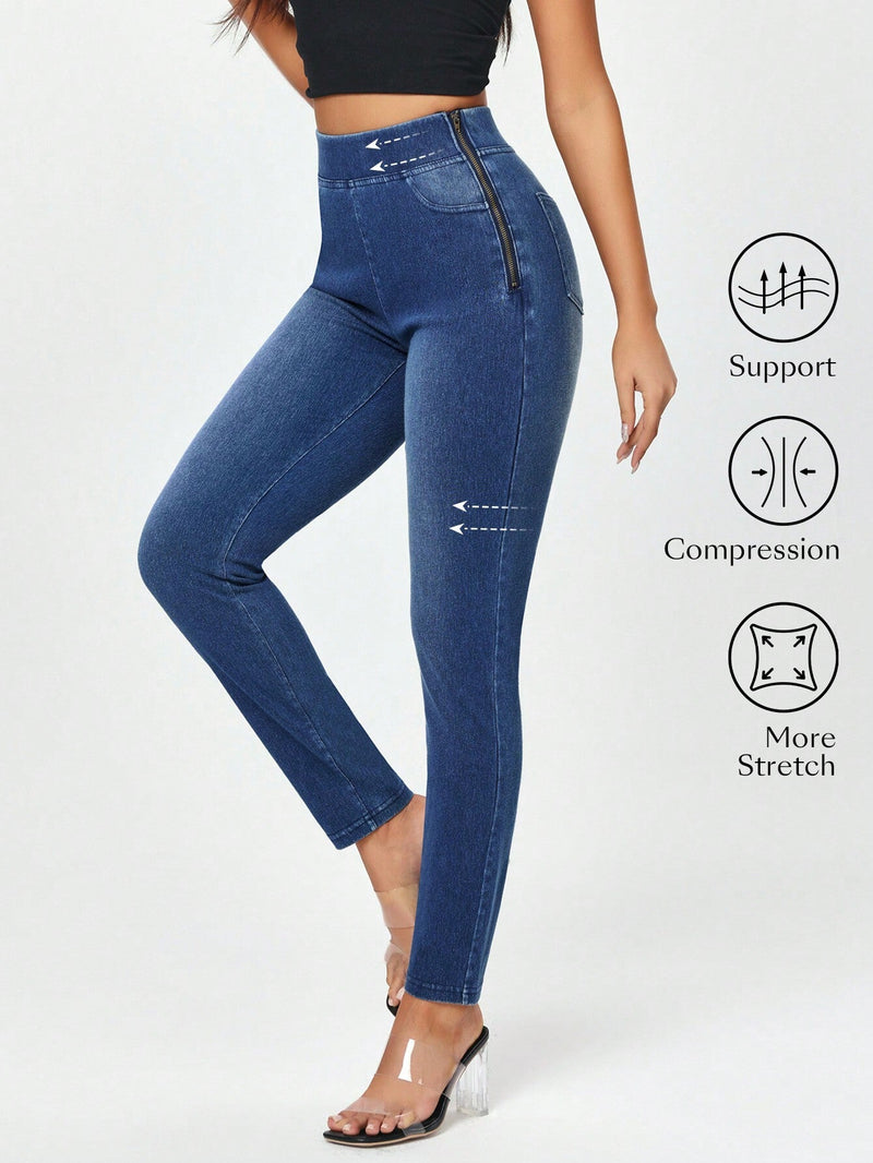 Jeans ajustados de mujer con cremallera lateral y unicolor