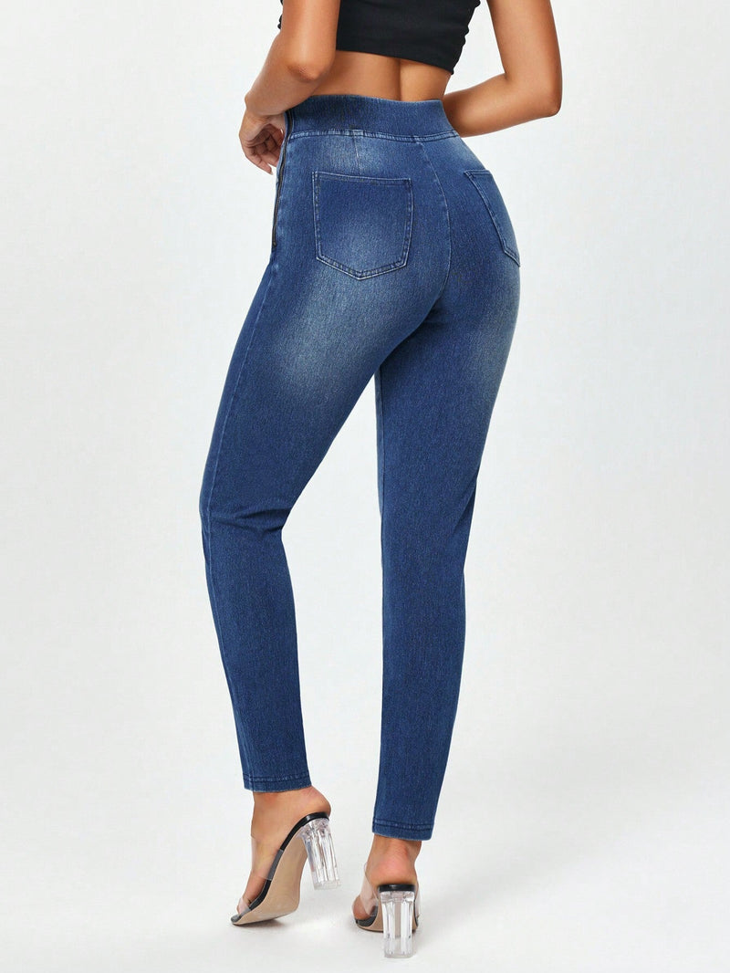 Jeans ajustados de mujer con cremallera lateral y unicolor