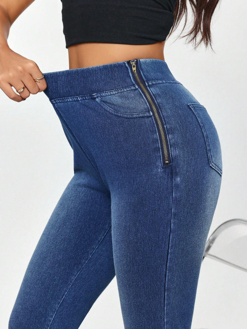 Jeans ajustados de mujer con cremallera lateral y unicolor