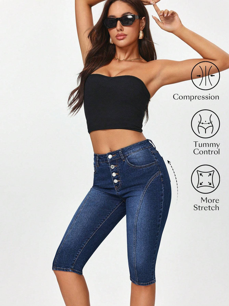 Jeans de mezclilla ajustados para mujer de 3/4 de longitud con botones frontales y bolsillos