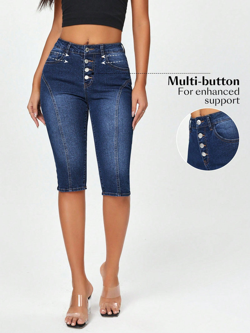 Jeans de mezclilla ajustados para mujer de 3/4 de longitud con botones frontales y bolsillos