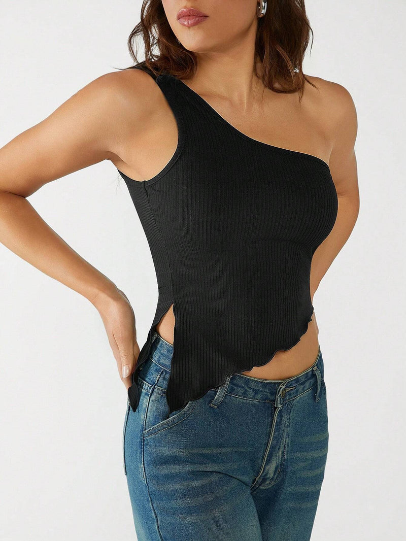 EZwear Top sin mangas de hem asimetrico con abertura y cuello asimetrico en unicolor