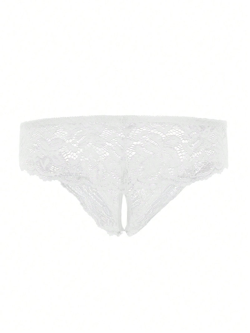 1 pieza Tanga blanca de encaje con entrepierna abierta para mujer, ropa interior sexy para mujeres, adecuada para uso en el hogar y en fiestas