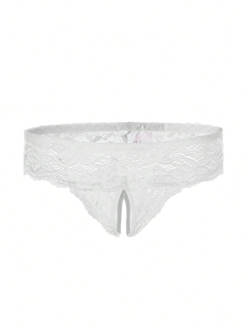 1 pieza Tanga blanca de encaje con entrepierna abierta para mujer, ropa interior sexy para mujeres, adecuada para uso en el hogar y en fiestas