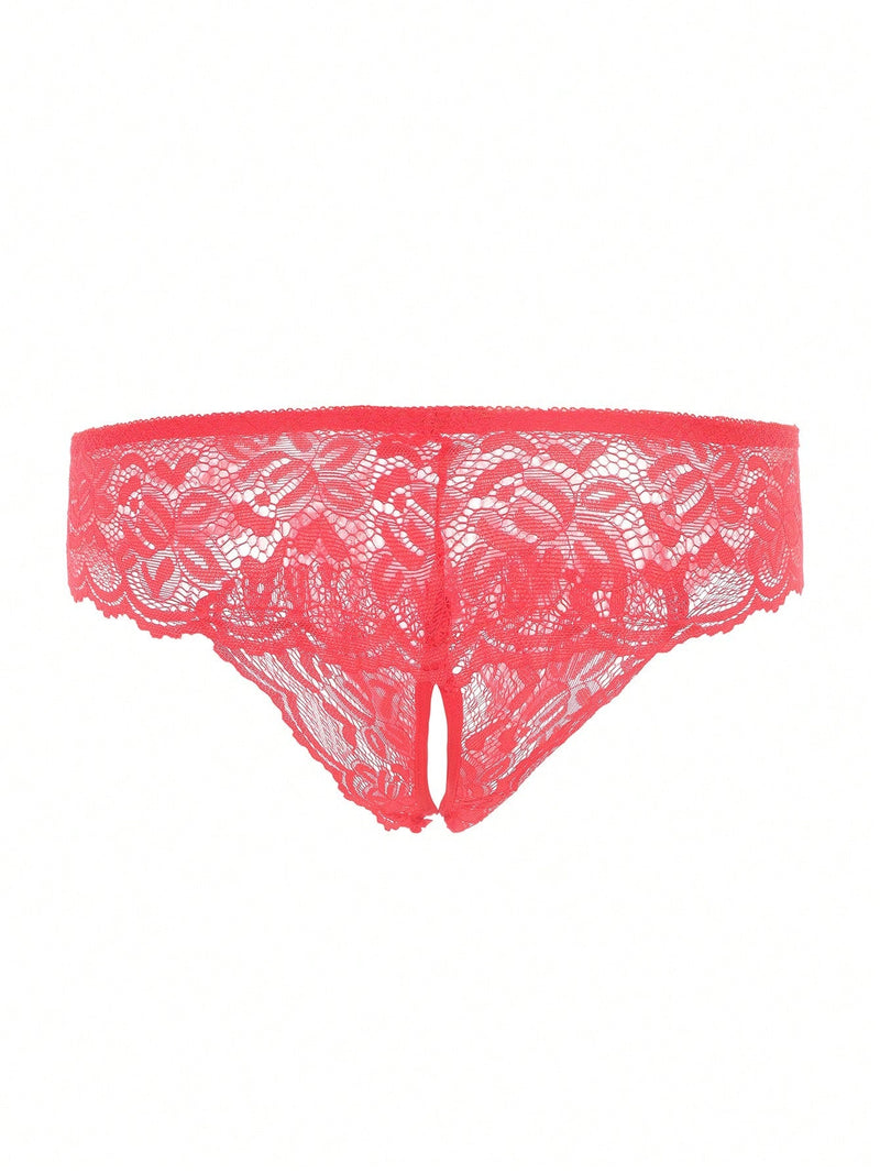 1 Pieza Panties Rojos De Encaje Con Entrepierna Abierta Para Mujer, Ropa Interior Sexy De Damas, Adecuada Para Atuendo De Fiesta En Casa