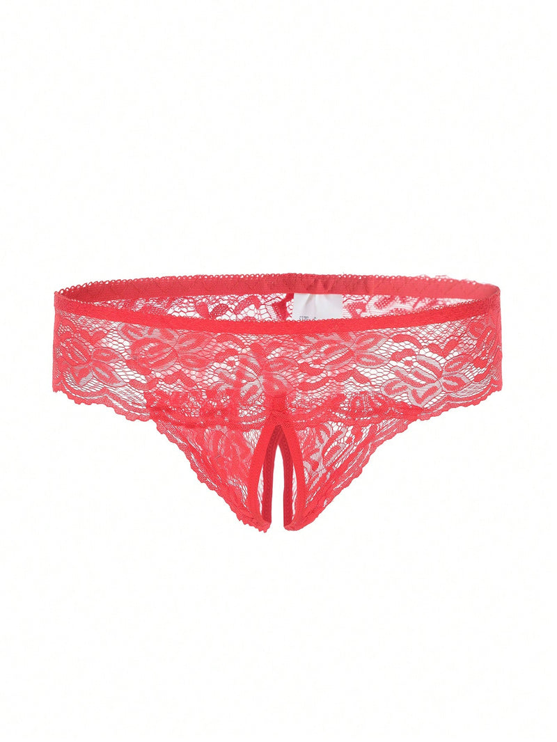 1 Pieza Panties Rojos De Encaje Con Entrepierna Abierta Para Mujer, Ropa Interior Sexy De Damas, Adecuada Para Atuendo De Fiesta En Casa