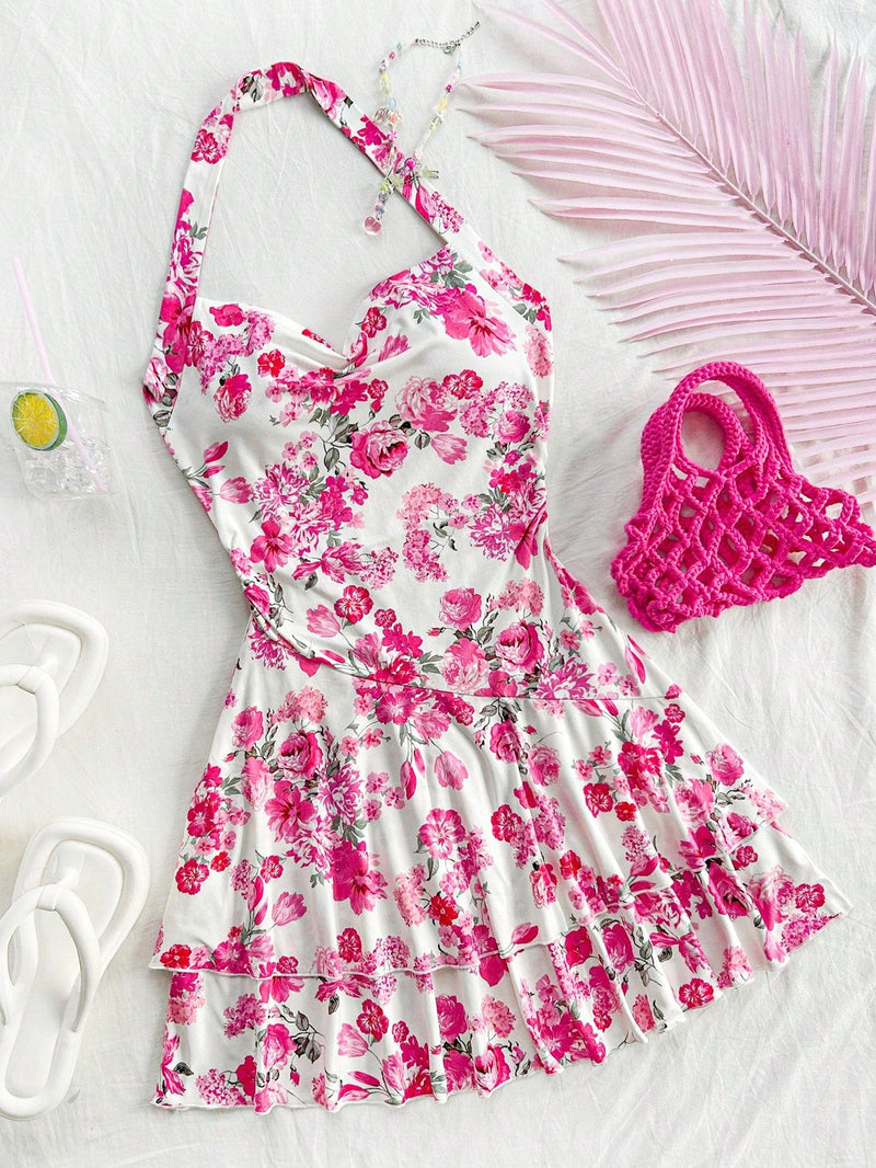 Wywh vestido corto de doble capa con cuello halter, base blanca con patron de flores y plantas en rosa, dobladillo con volantes, ideal para la temporada de bodas de mujeres de vacaciones.