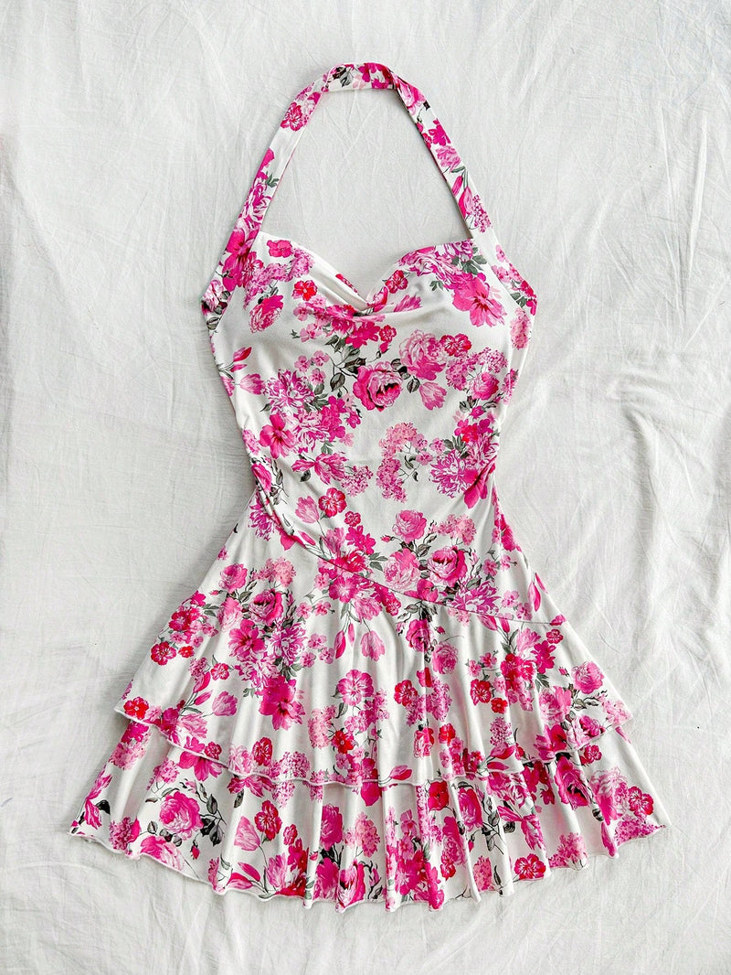 Wywh vestido corto de doble capa con cuello halter, base blanca con patron de flores y plantas en rosa, dobladillo con volantes, ideal para la temporada de bodas de mujeres de vacaciones.