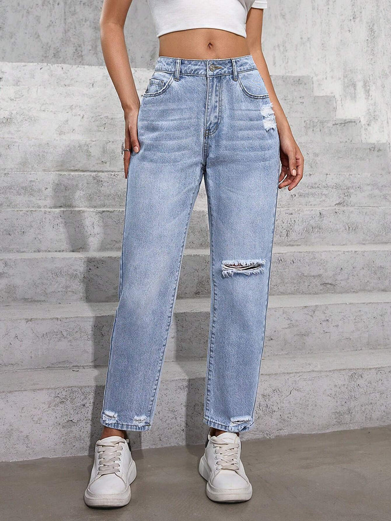 PETITE Jeans casuales de pierna recta para mujer con detalles desgastados y bolsillos