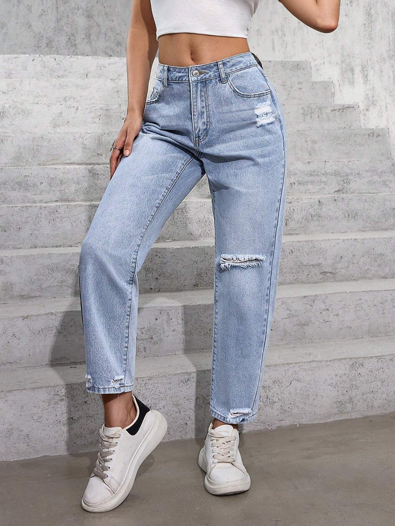 PETITE Jeans casuales de pierna recta para mujer con detalles desgastados y bolsillos