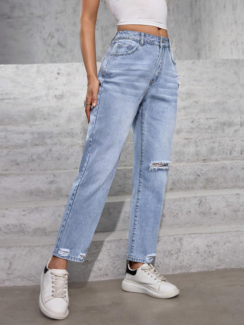 PETITE Jeans casuales de pierna recta para mujer con detalles desgastados y bolsillos