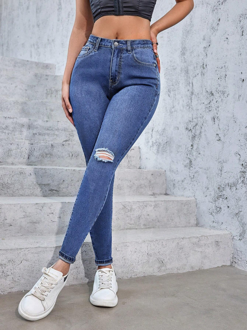 Jeans rotos lavados de ajuste delgado casuales para mujer