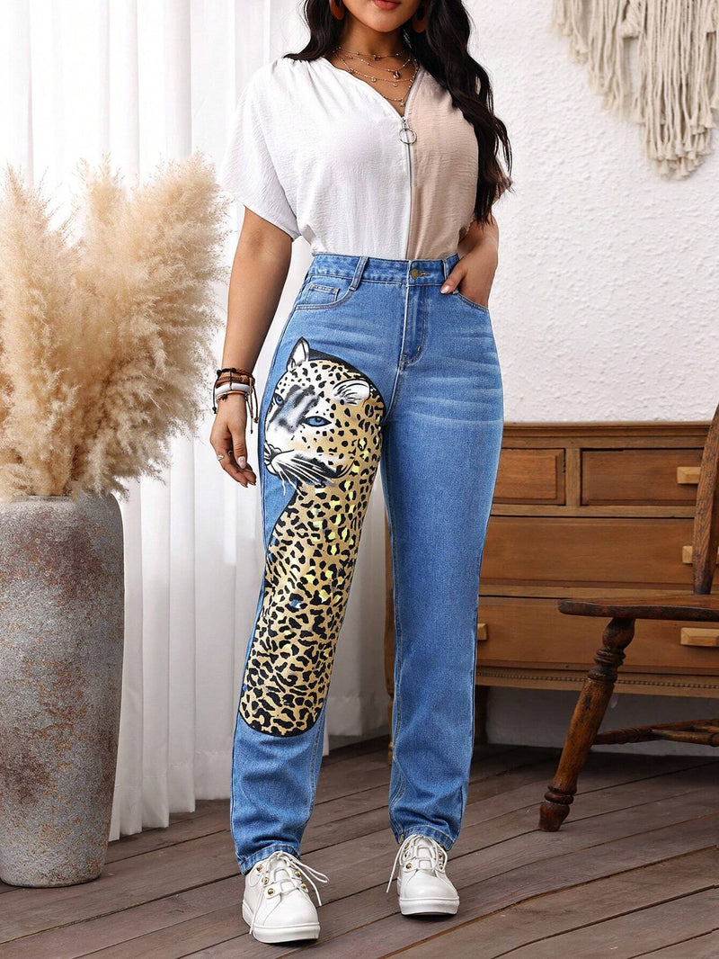 LUNE Pantalones Jeans casuales rectos para mujer con impresion de leopardo y bolsillos