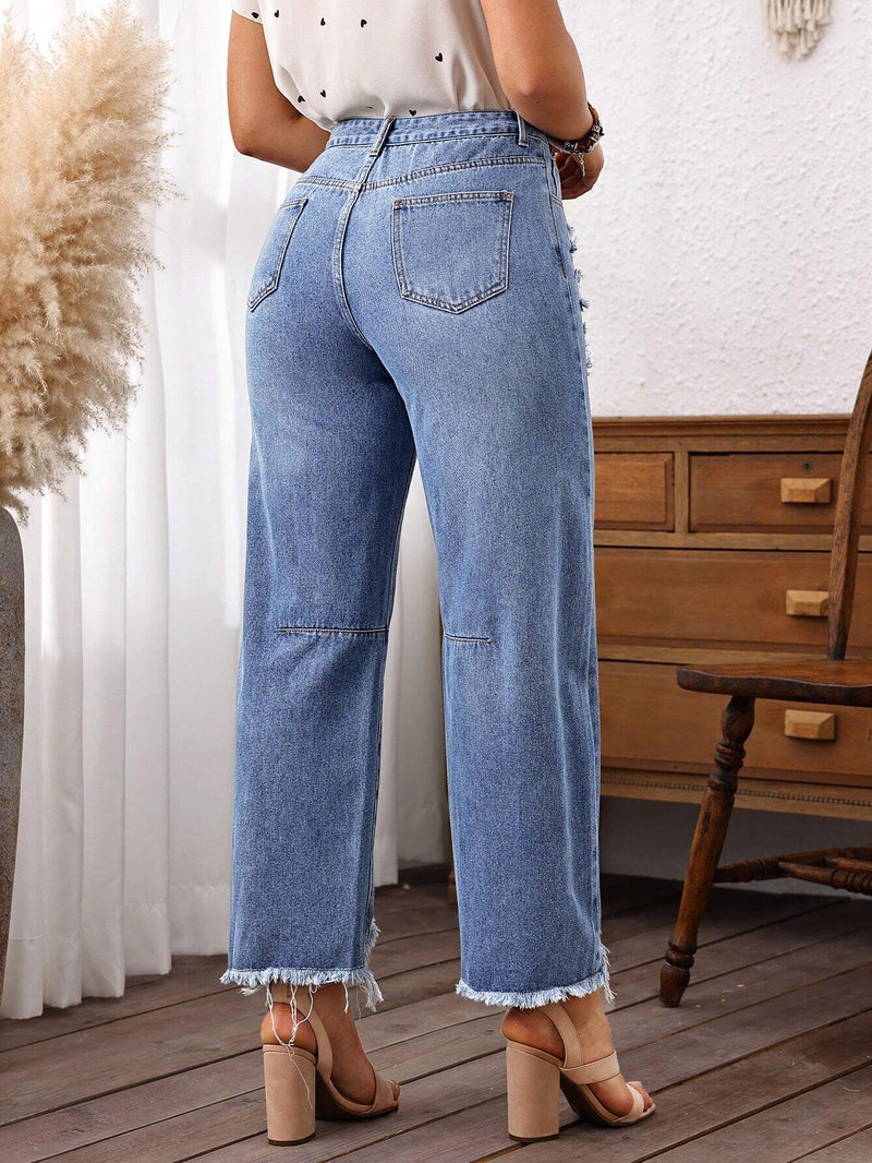 LUNE Jeans casuales de pierna recta para mujer con bolsillos rasgados