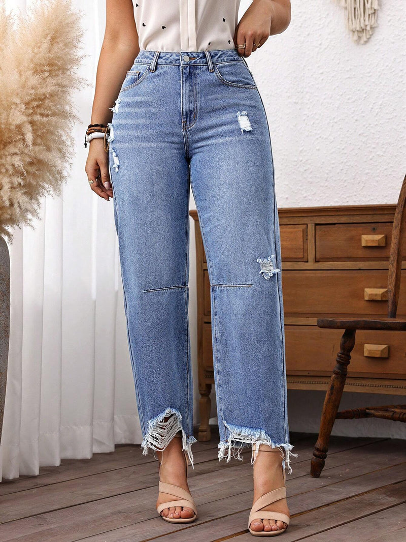 LUNE Jeans casuales de pierna recta para mujer con bolsillos rasgados