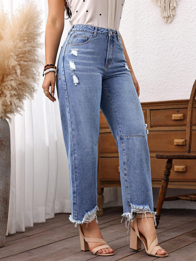 LUNE Jeans casuales de pierna recta para mujer con bolsillos rasgados