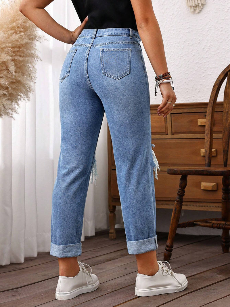 LUNE Jeans casuales de pierna recta para mujeres con bolsillos y detalles desgastados, adecuados para uso diario y viajes