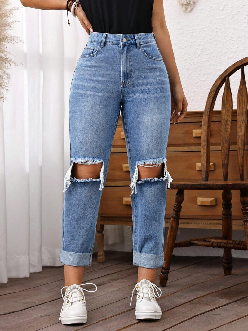 LUNE Jeans casuales de pierna recta para mujeres con bolsillos y detalles desgastados, adecuados para uso diario y viajes