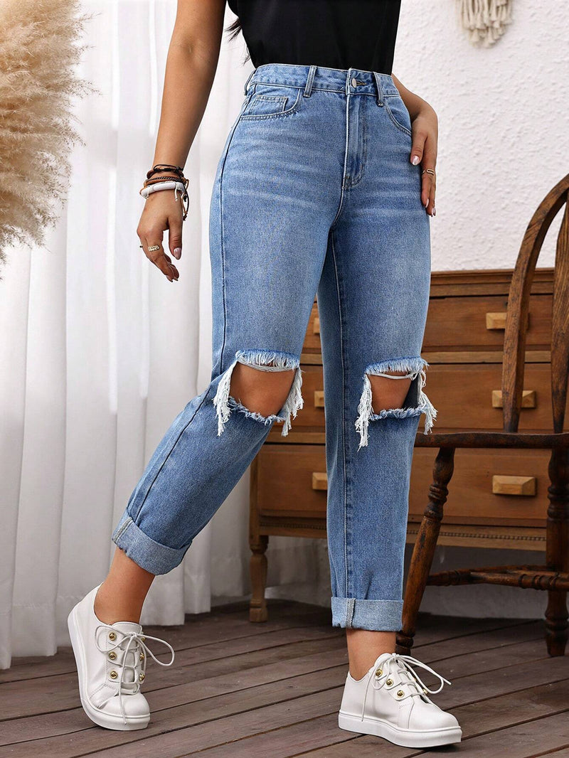 LUNE Jeans casuales de pierna recta para mujeres con bolsillos y detalles desgastados, adecuados para uso diario y viajes