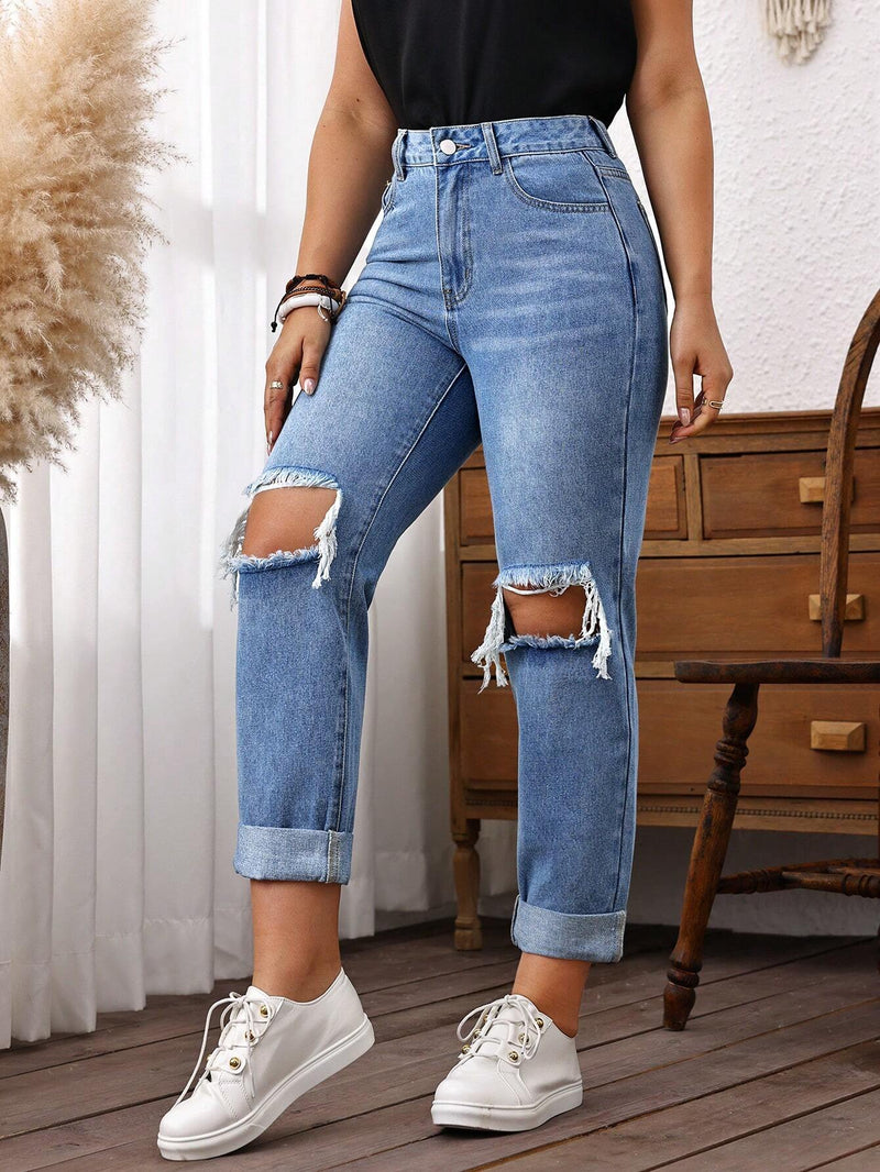 LUNE Jeans casuales de pierna recta para mujeres con bolsillos y detalles desgastados, adecuados para uso diario y viajes