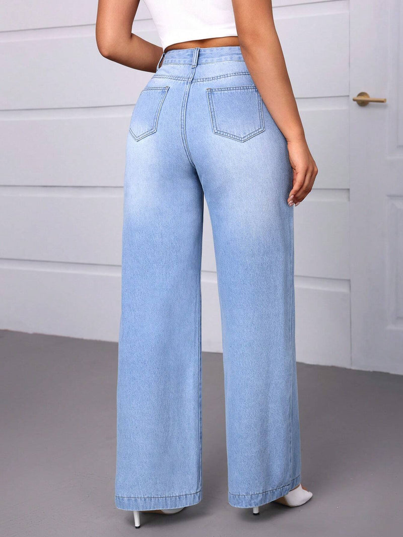 Essnce Jeans casuales de mezclilla para mujeres con corte amplio y pliegues con bolsillos